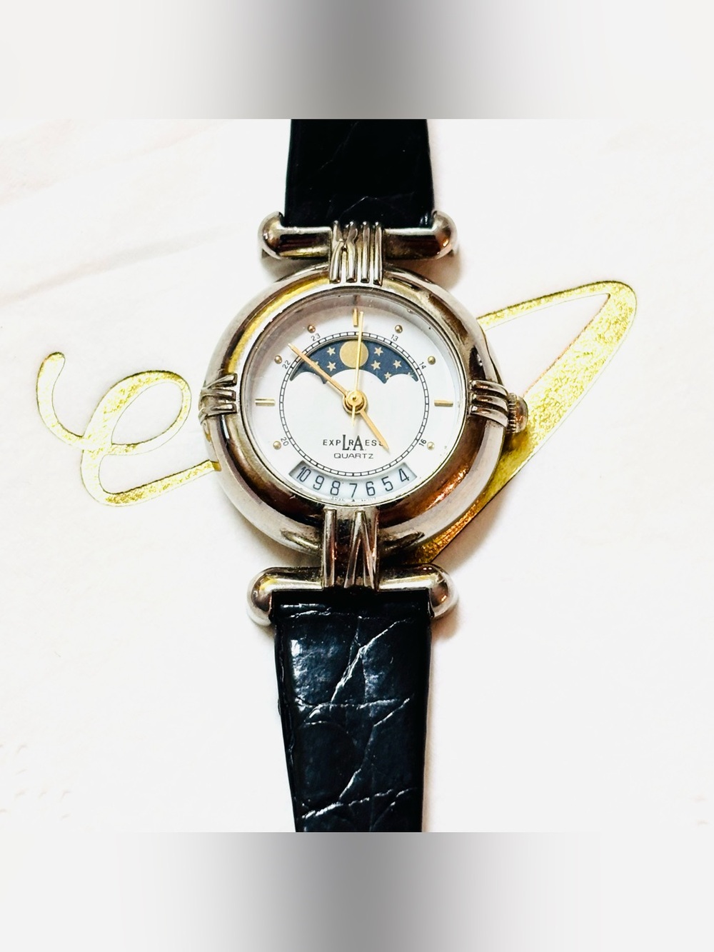 LA Express Moon Phase Watch Women Gold Tone Date Black Leather Band New Battery